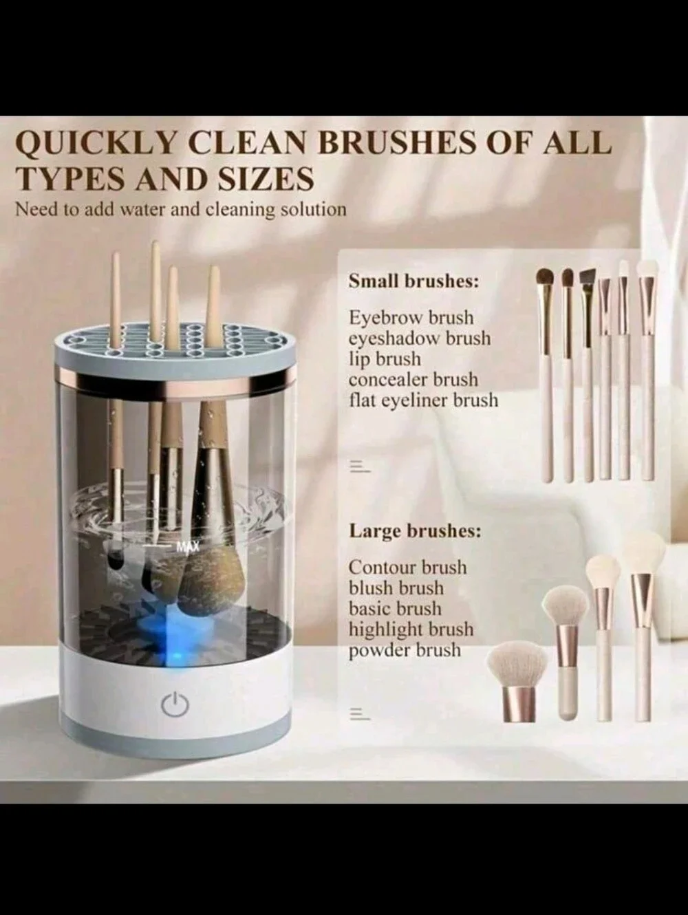 Portable Electric Makeup Brush Cleaner - White with Rose Gold Trim
